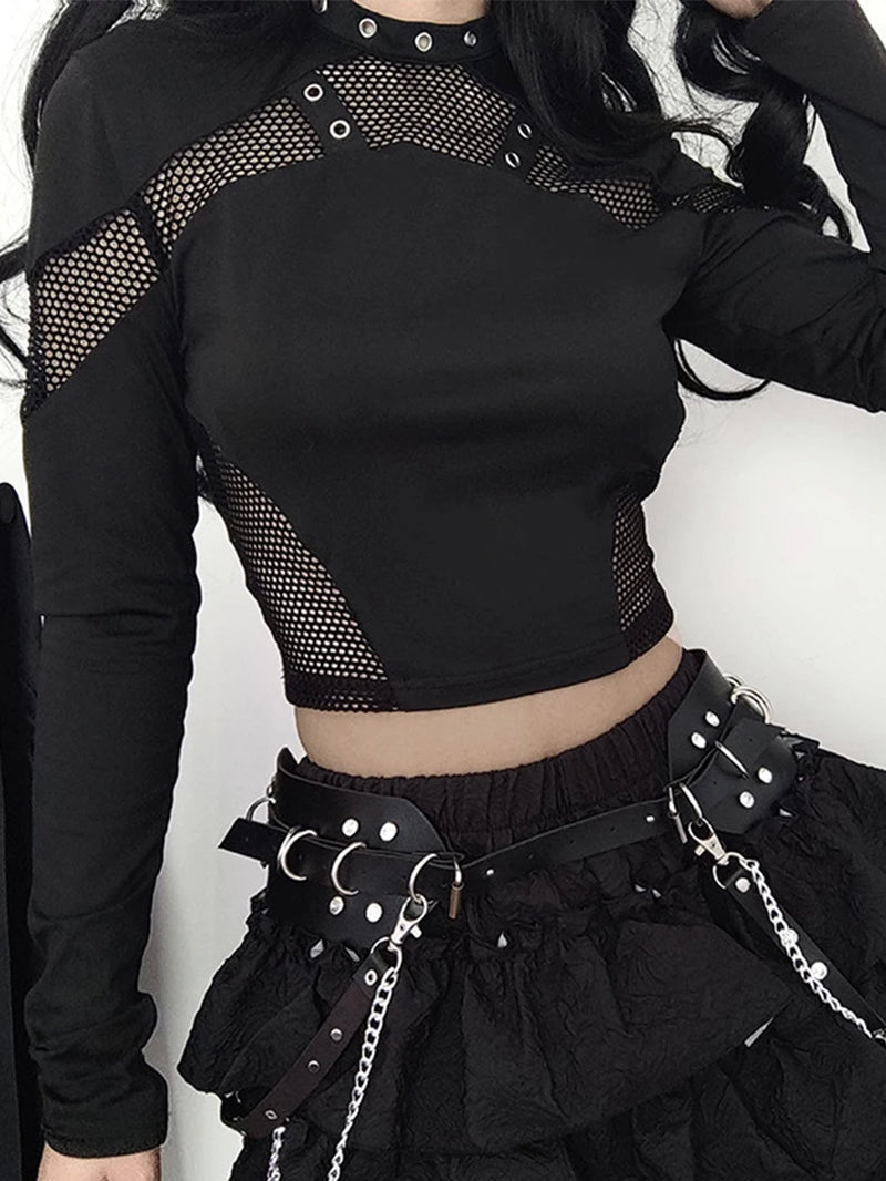 Dark Punk Cyber Mesh Patchwork O-Neck Crop Tee