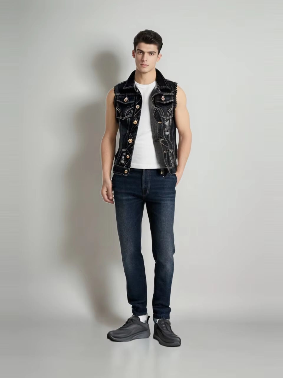 Men's Gothic Vintage Black Denim Vest for DIY Goth Outfit – Sleeveless Hole Jeans Jacket for Spring & Autumn