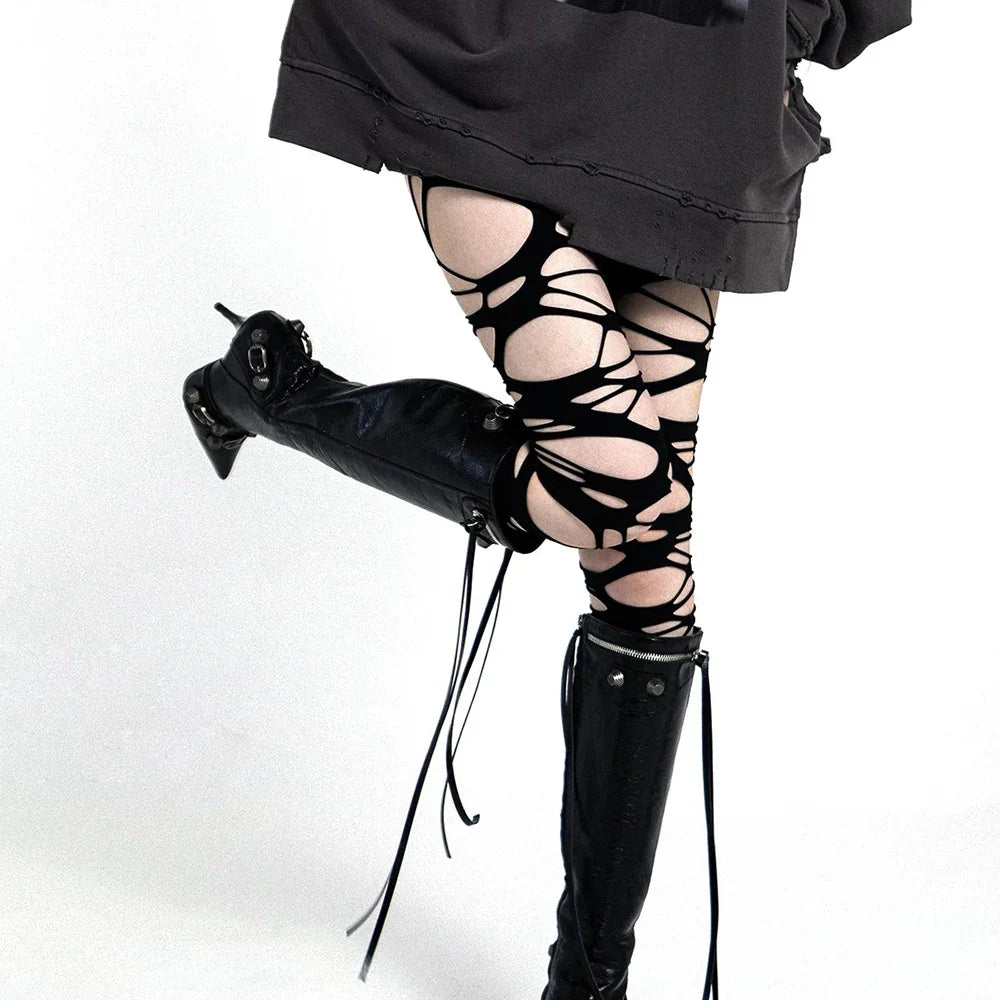 Sexy Perforated Halloween Gothic Black Torn Strap Y2K Ragged Pantyhose