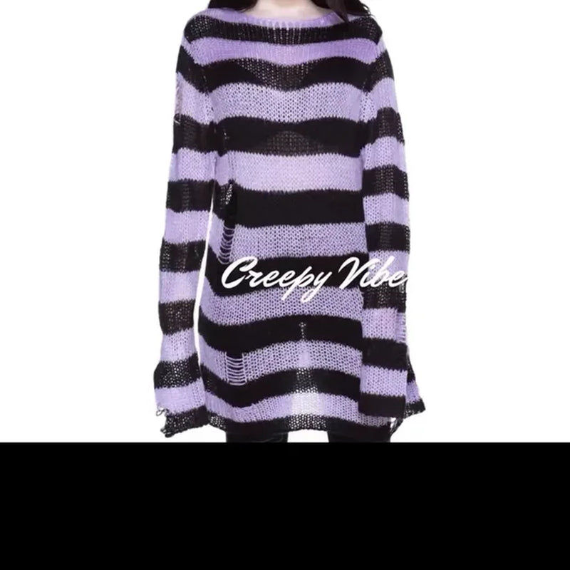 Goth Punk Striped Hollow Out Oversized Sweater