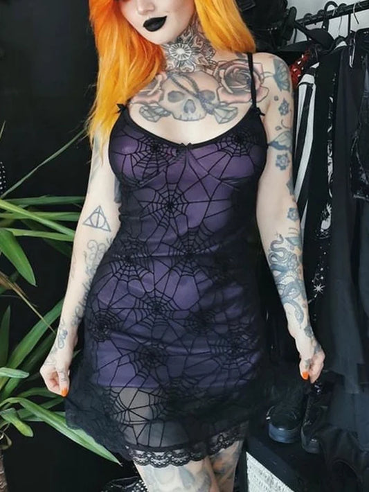 Halloween Gothic Spider Web A-Line Dress