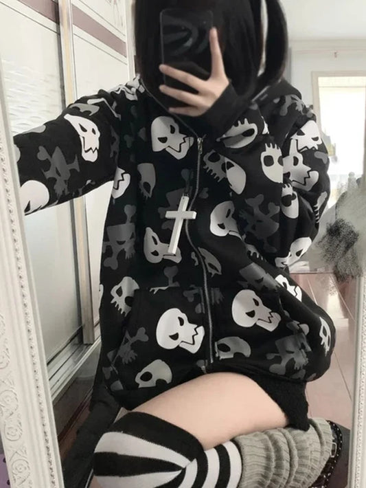 Cyberpunk Skull Print Zipper Hoodie