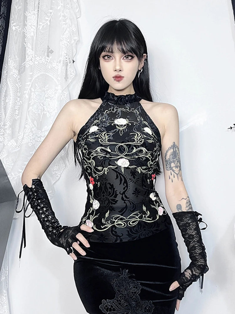 Chinese Style Gothic Floral Embroidered Halter Crop Top