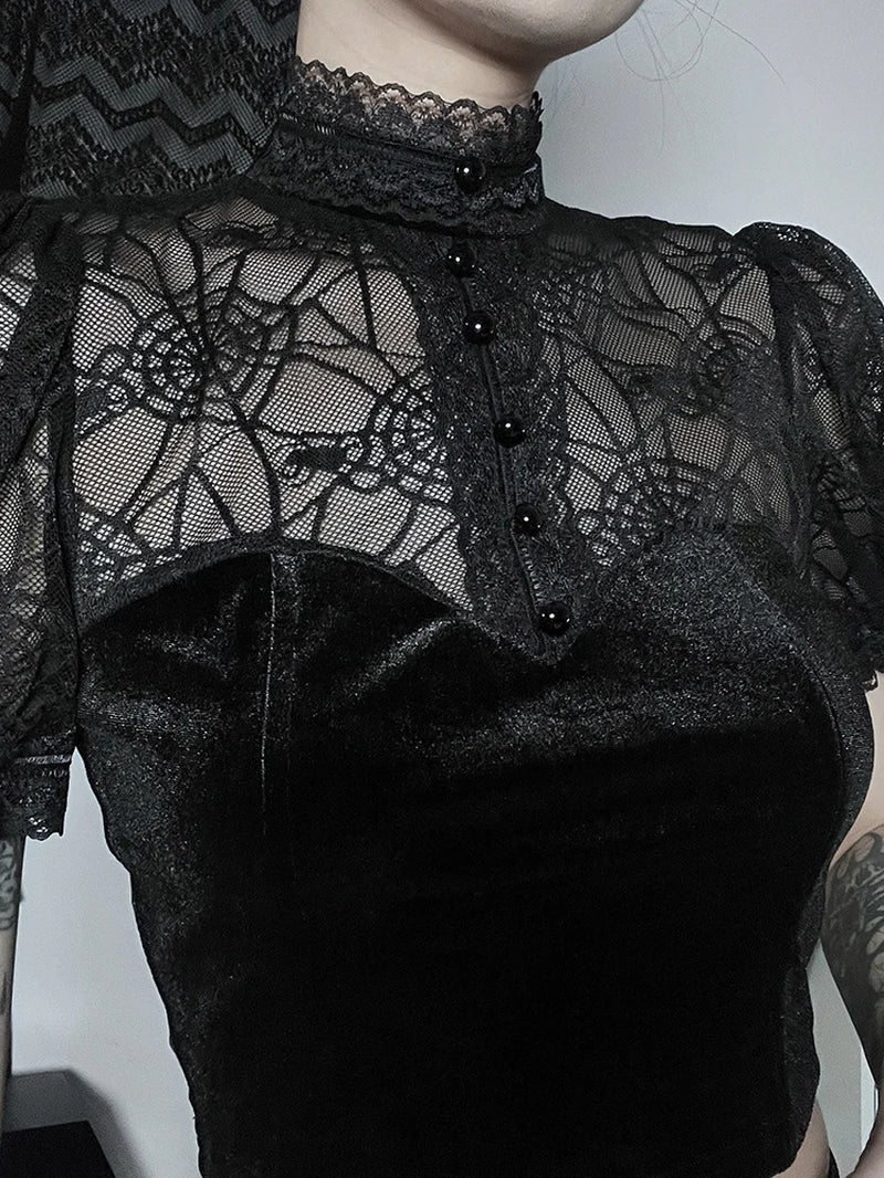 Dark Gothic Spider Web Mesh Patchwork Croset Crop Tee