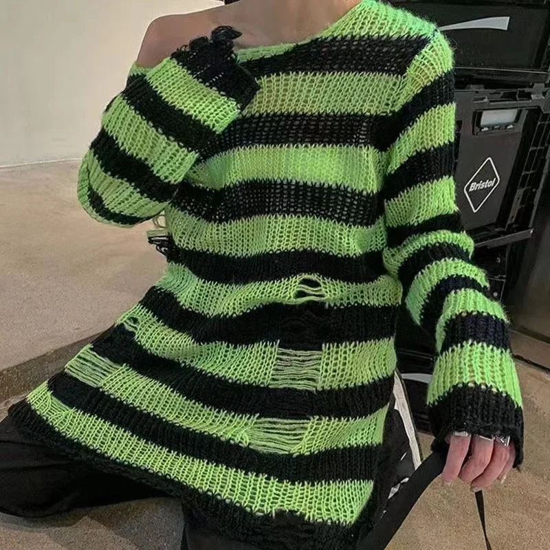 Goth Punk Striped Hollow Out Oversized Sweater