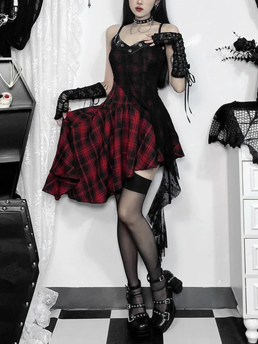 Streetwear Punk Red Plaid Dress 