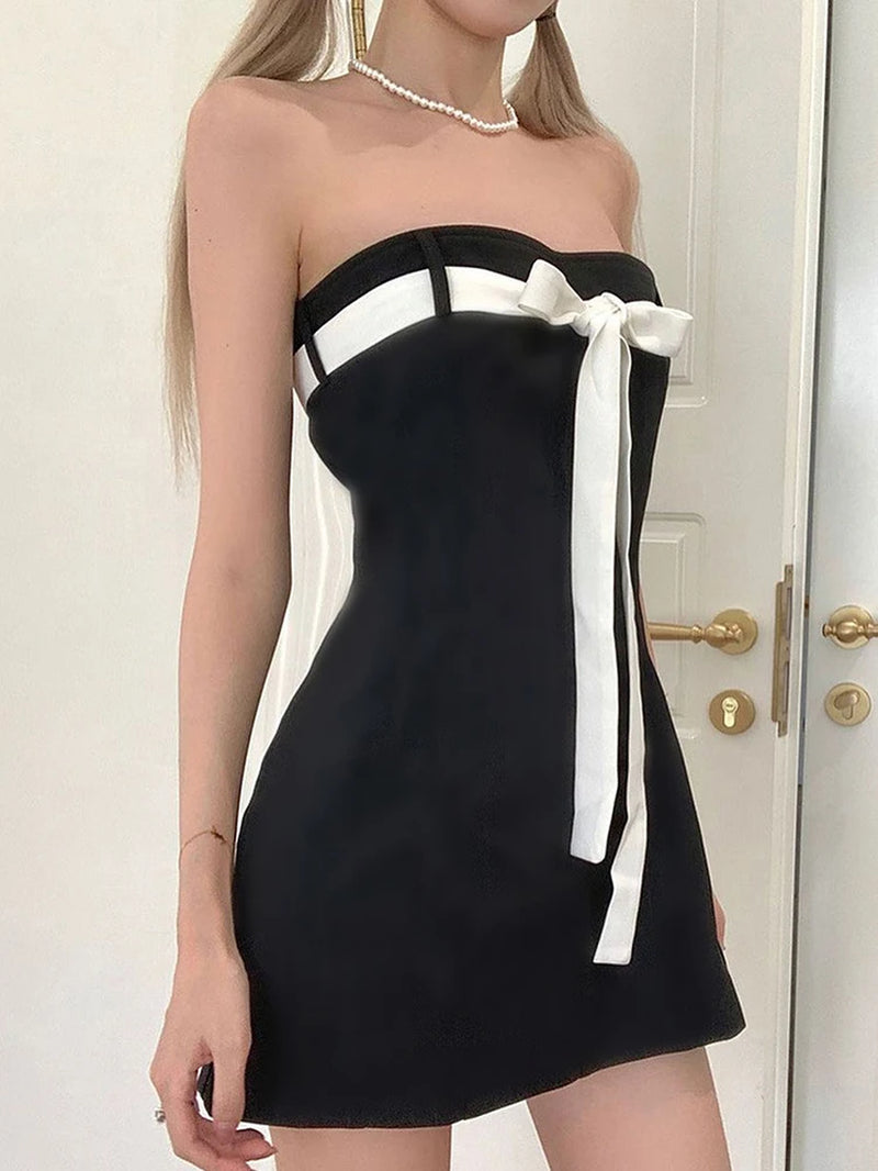 Goth Black Strapless Bow Bodycon Dress