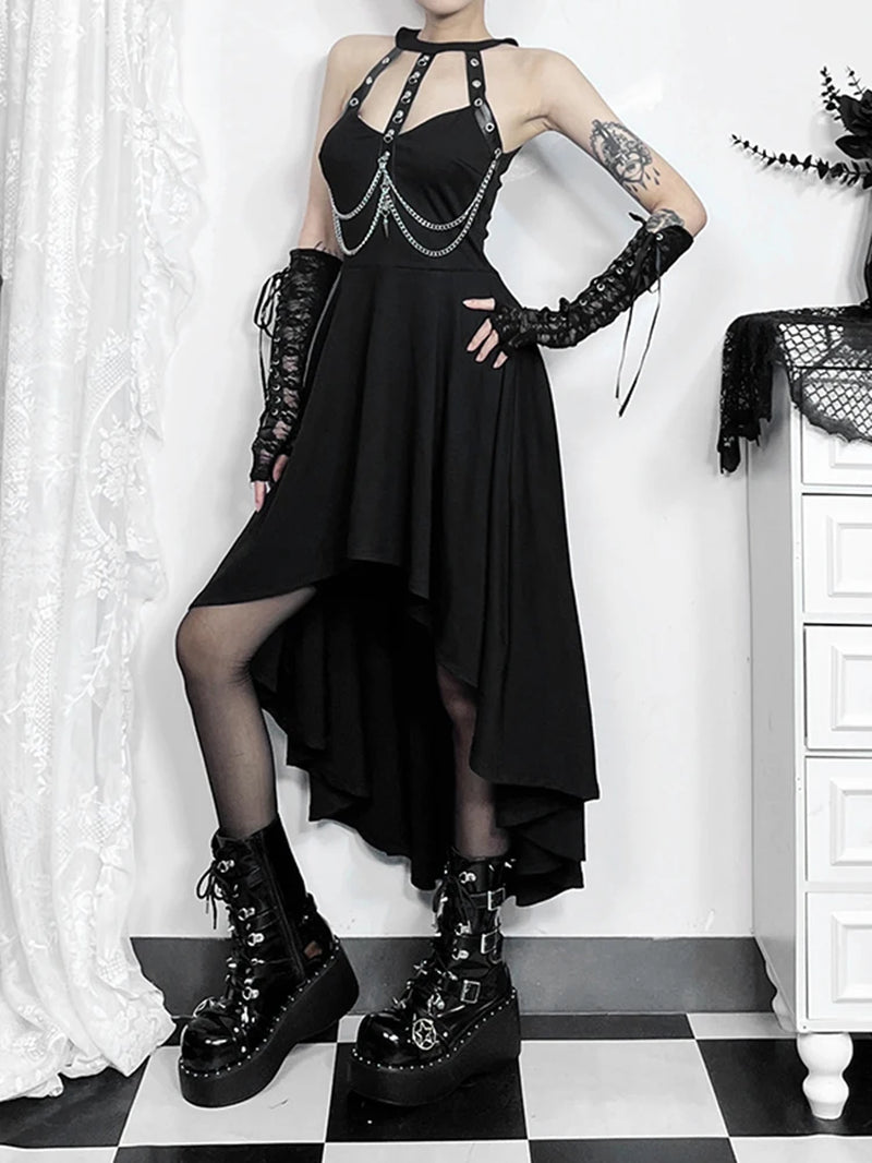 Cyber Punk PU Halter Backless Dress