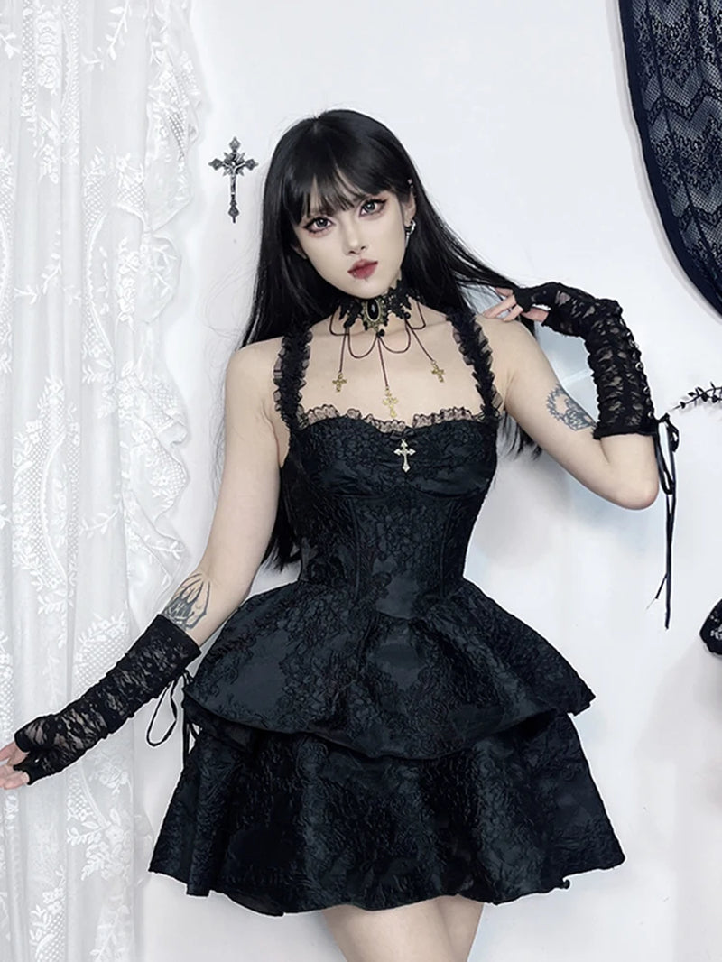 Fairy Goth Princess Lace Spaghetti Strap High Waist Corset Dress