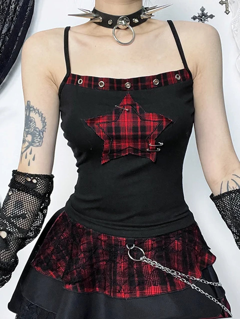 Streetwear Y2K Red Plaid Pentagram Patchwork Crop Tank Top