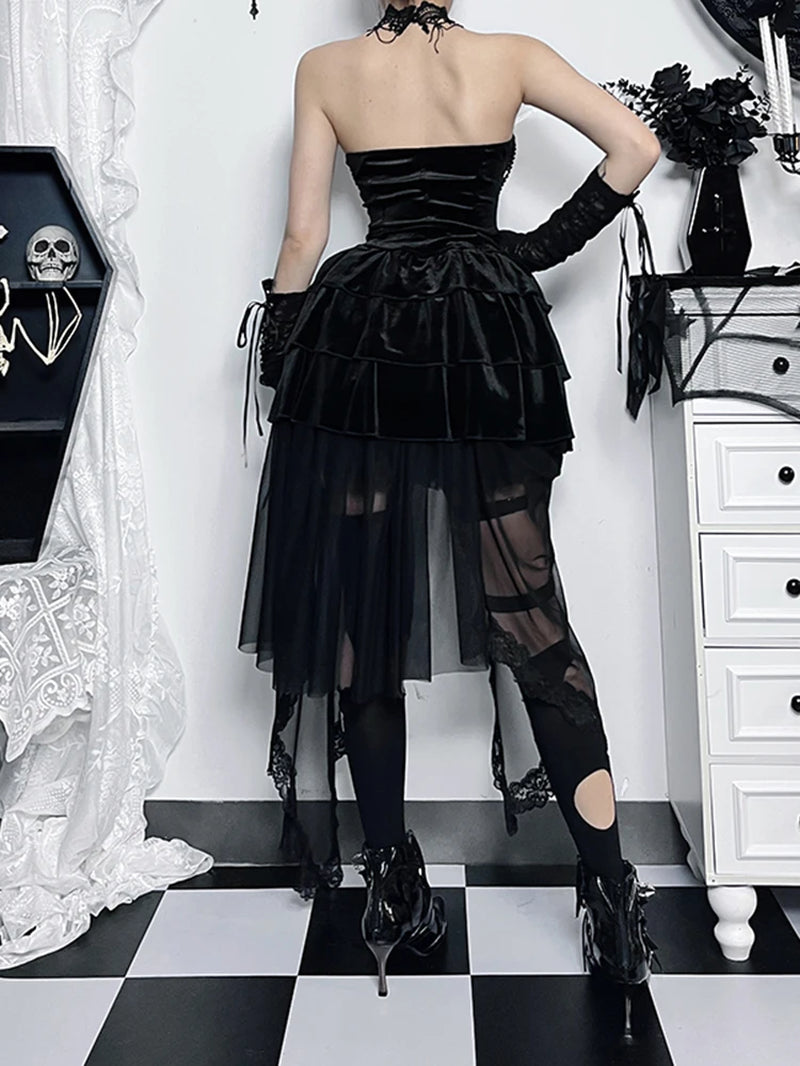 Streetwear Gothic Dark Velvet Lace Patchwork High Waist Irregular Skirt