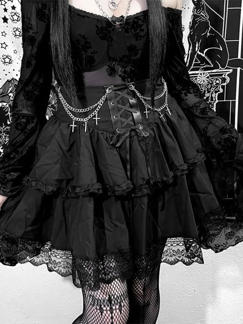 Dark Gothic Chain Cross Corset Skirt