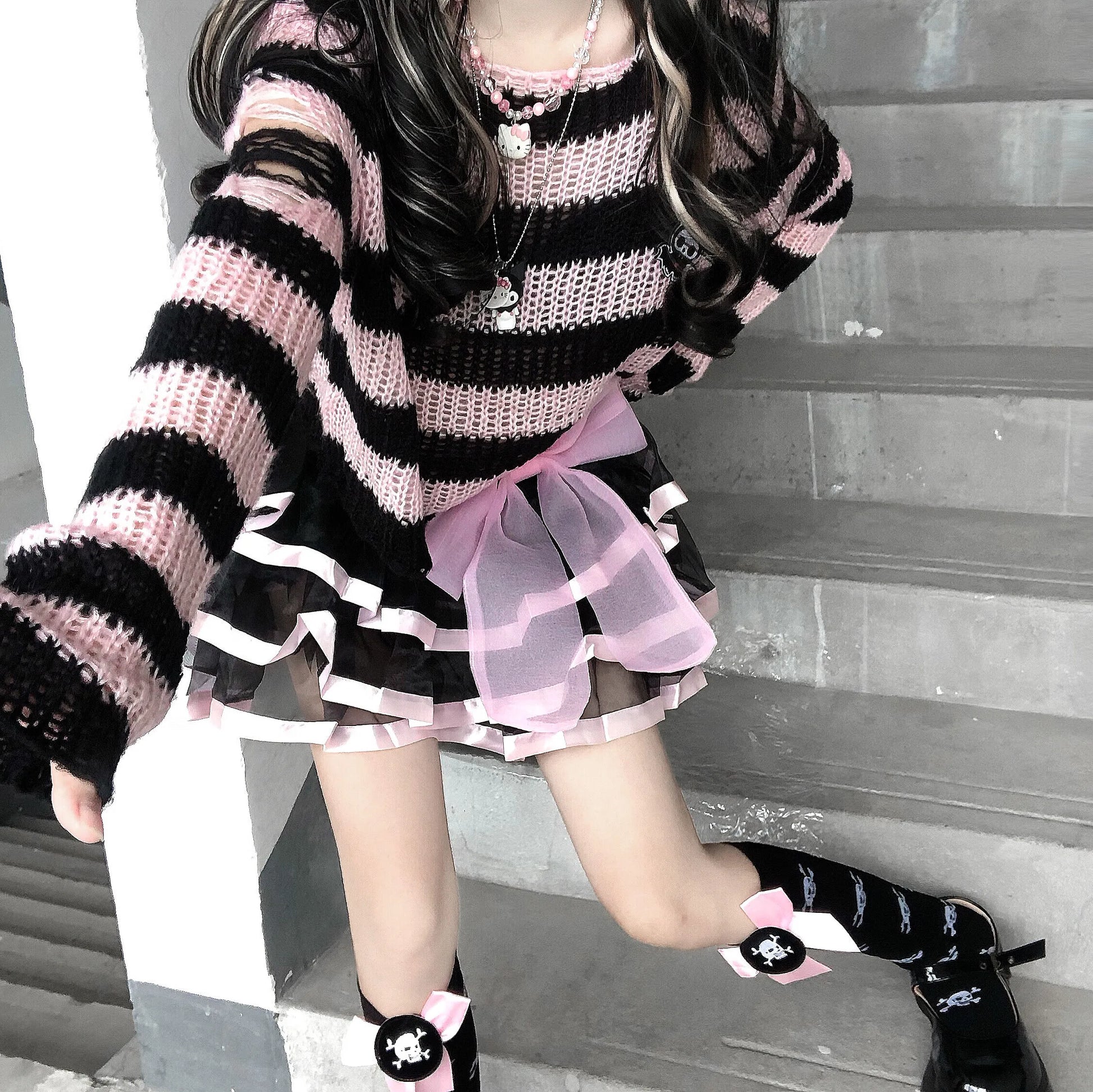 Pink Striped Ripped Sweater