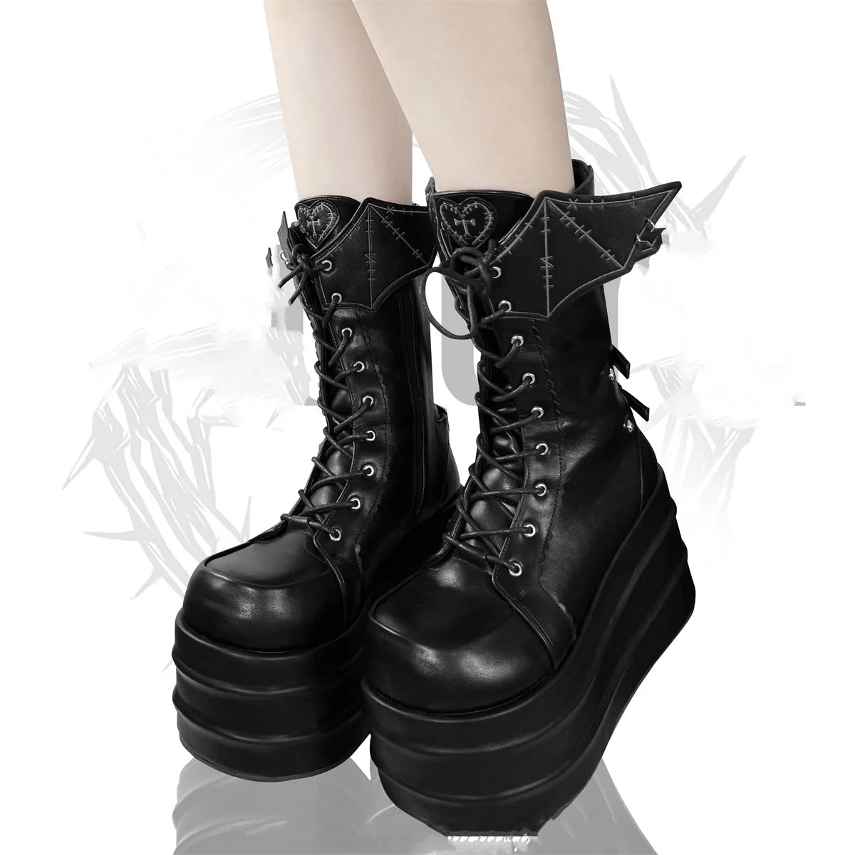 Punk Retro Lolita Boots with Love Cross Sewing, Wing Accents, and Thick 8CM High Heel