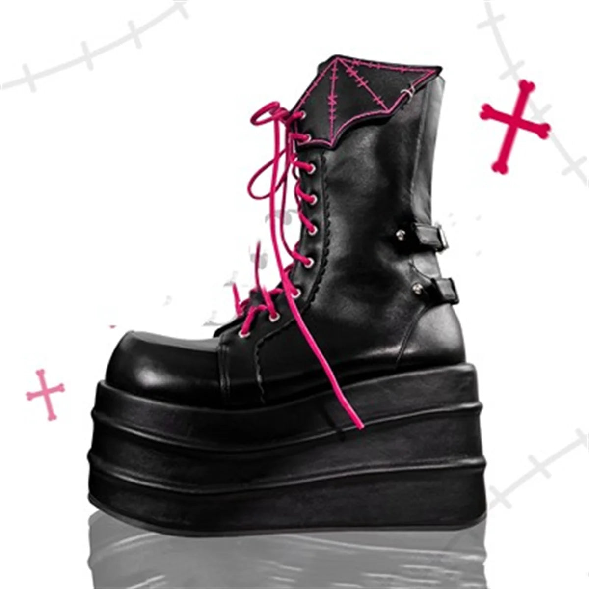 Punk Retro Lolita Boots with Love Cross Sewing, Wing Accents, and Thick 8CM High Heel