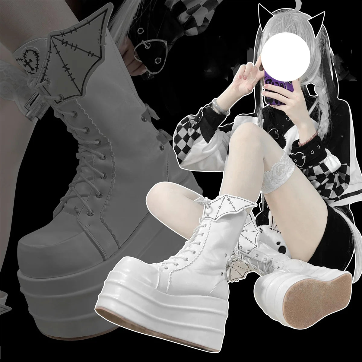 Punk Retro Lolita Boots with Love Cross Sewing, Wing Accents, and Thick 8CM High Heel