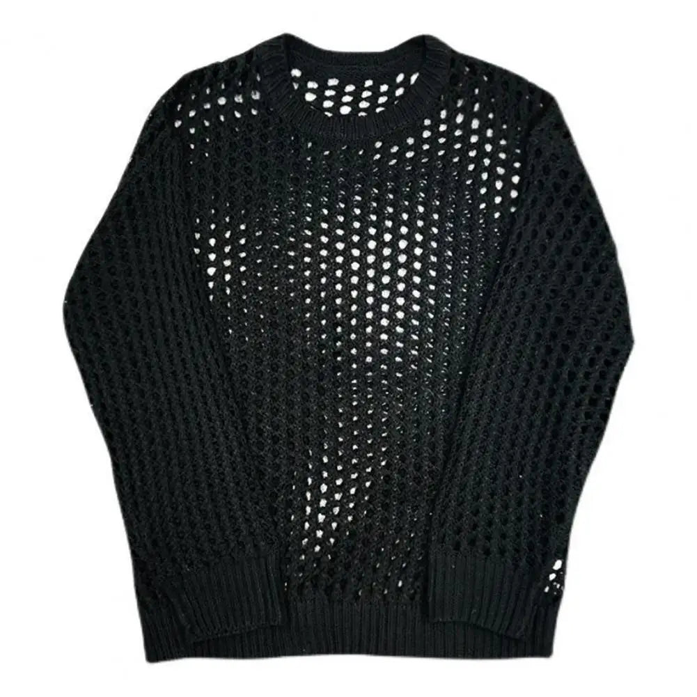 Men's Gothic Mesh Fishnet See-Through Top – Long Sleeve Round Neck Dark Clubwear Pullover