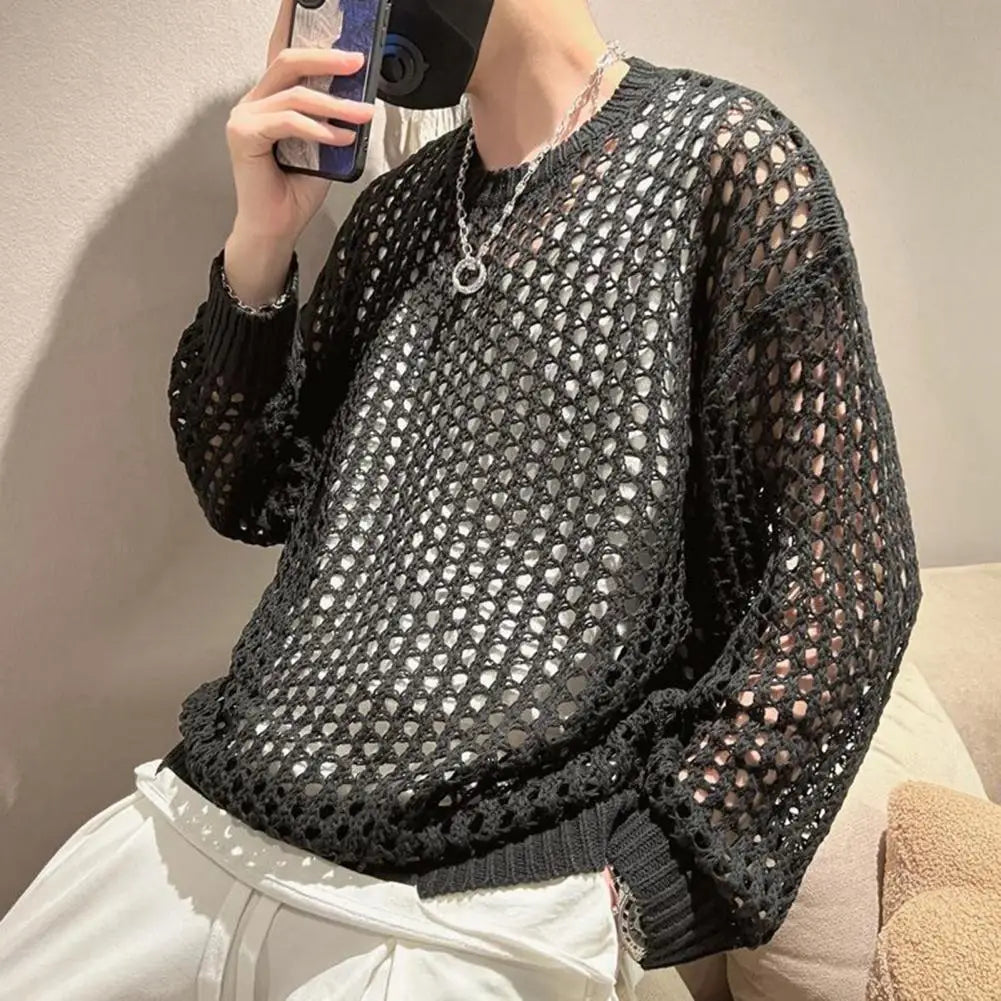 Men's Gothic Mesh Fishnet See-Through Top – Long Sleeve Round Neck Dark Clubwear Pullover