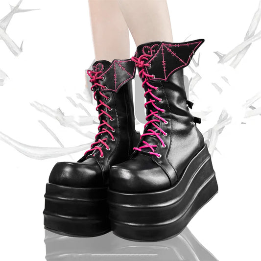 Punk Retro Lolita Boots with Love Cross Sewing, Wing Accents, and Thick 8CM High Heel