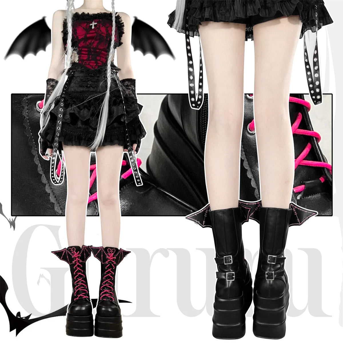 Punk Retro Lolita Boots with Love Cross Sewing, Wing Accents, and Thick 8CM High Heel