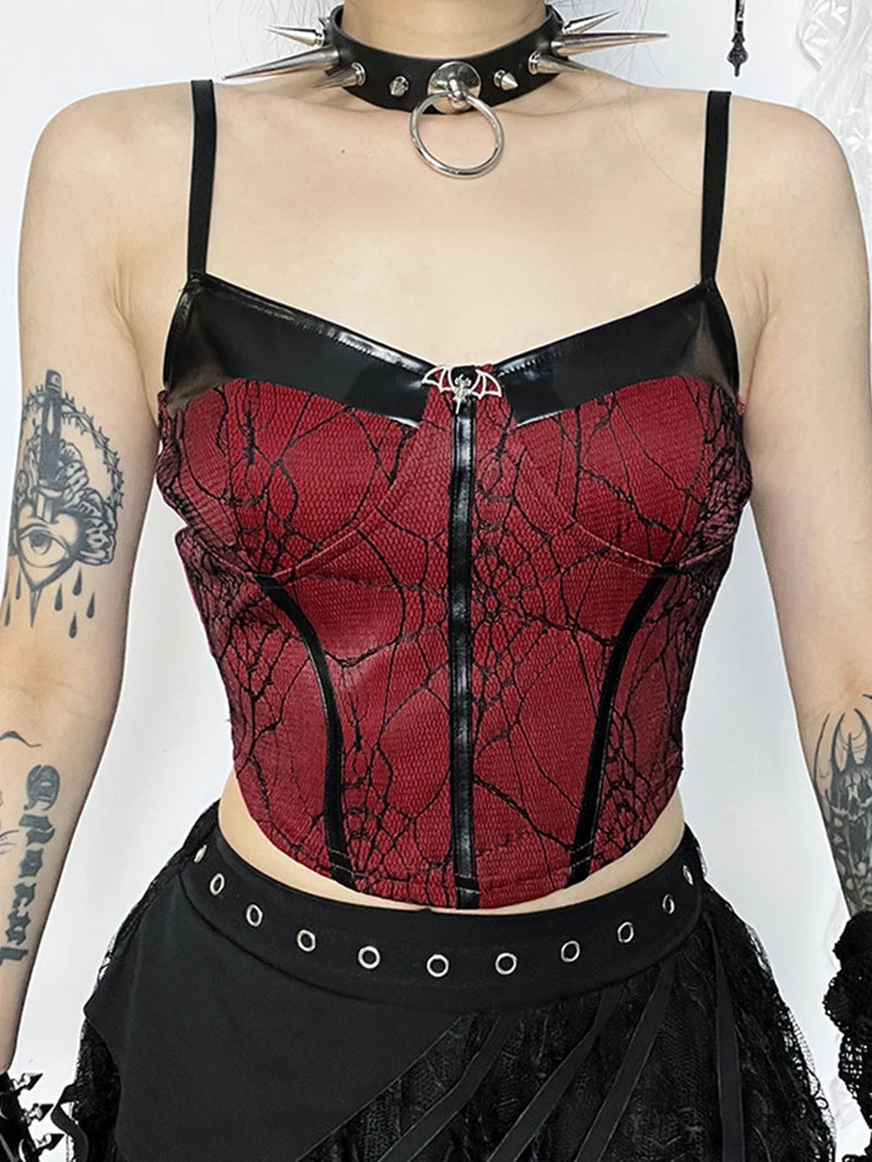 Gothic Punk Red Spiderweb Patchwork Crop Tank Top