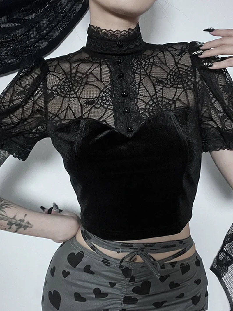 Dark Gothic Spider Web Mesh Patchwork Croset Crop Tee