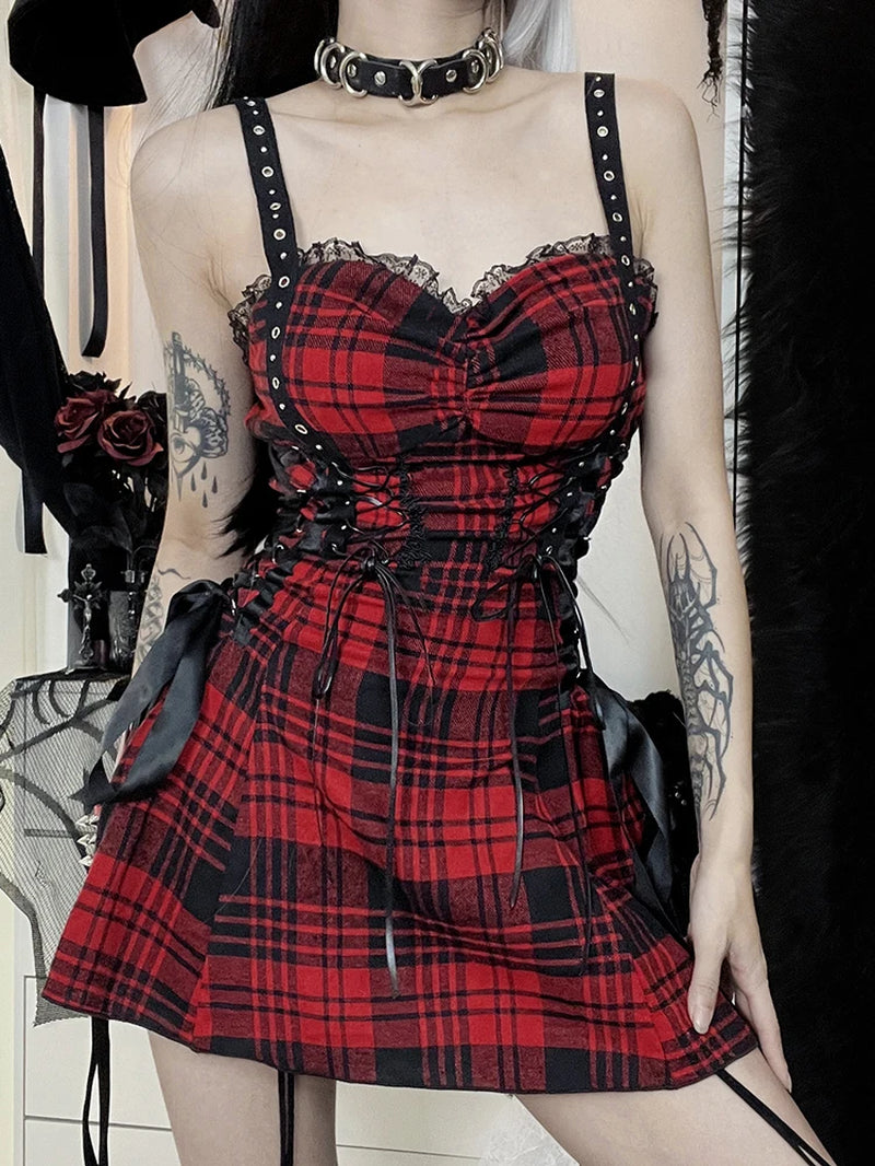 Red Plaid Lolita Corset Dress with Lace Patchwork