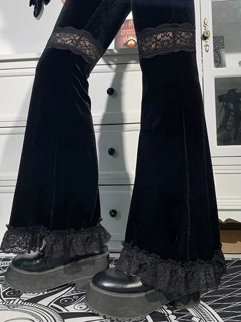 Punk Gothic Lace Patchwork Hollow Out Velvet Flare Pants