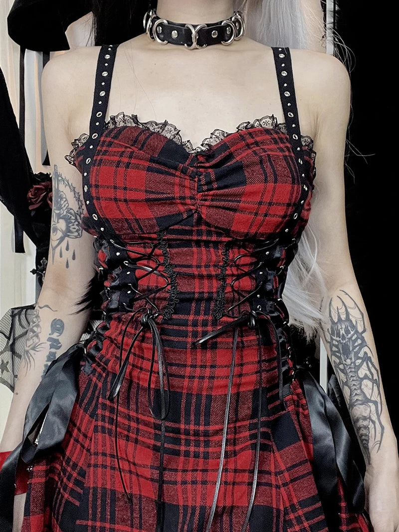 Red Plaid Lolita Corset Dress with Lace Patchwork