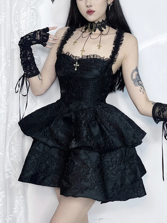 Fairy Goth Princess Lace Spaghetti Strap High Waist Corset Dress