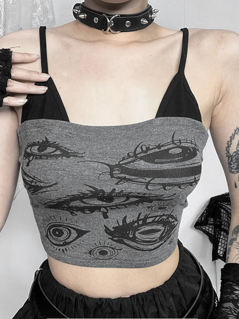 Y2K Gothic Grey Devil Eye Crop Tank Top