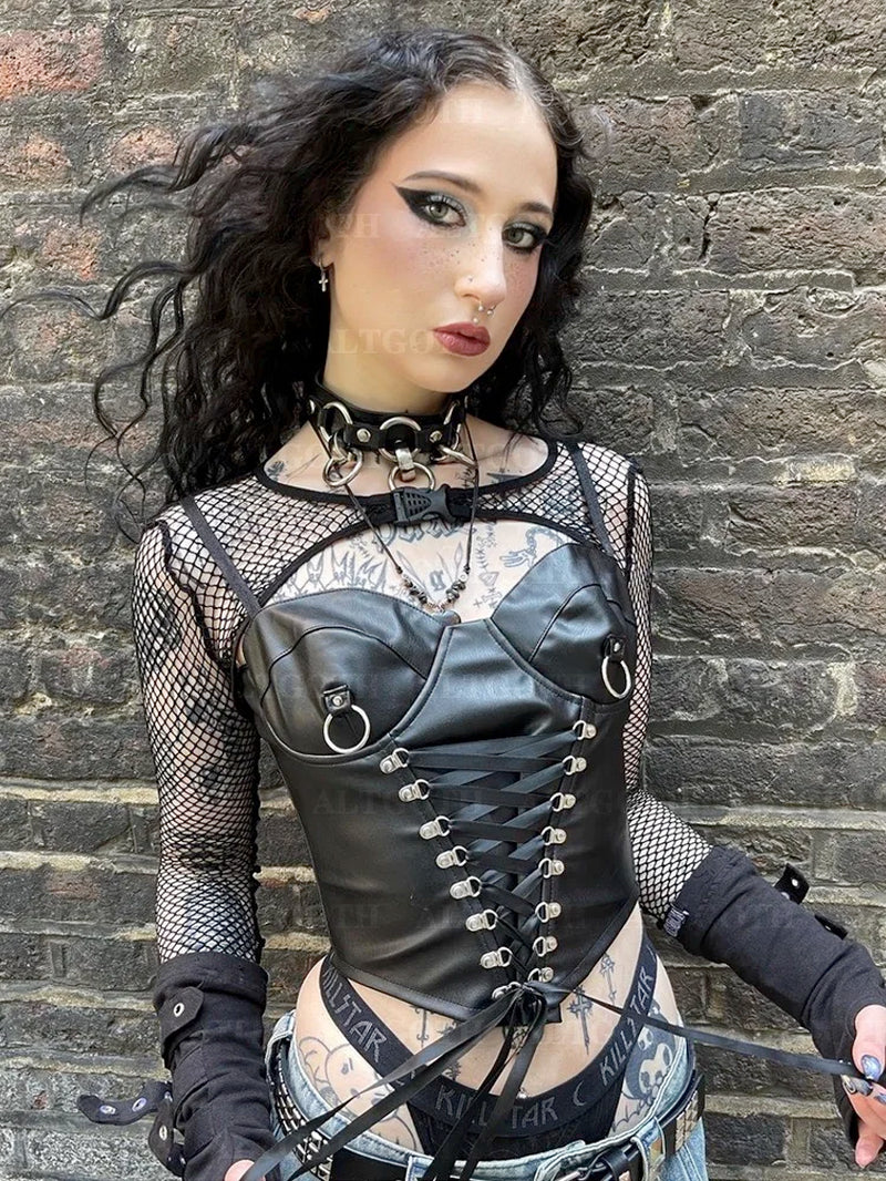 Cyberpunk Mall Goth PU Bandage Corset Crop Top