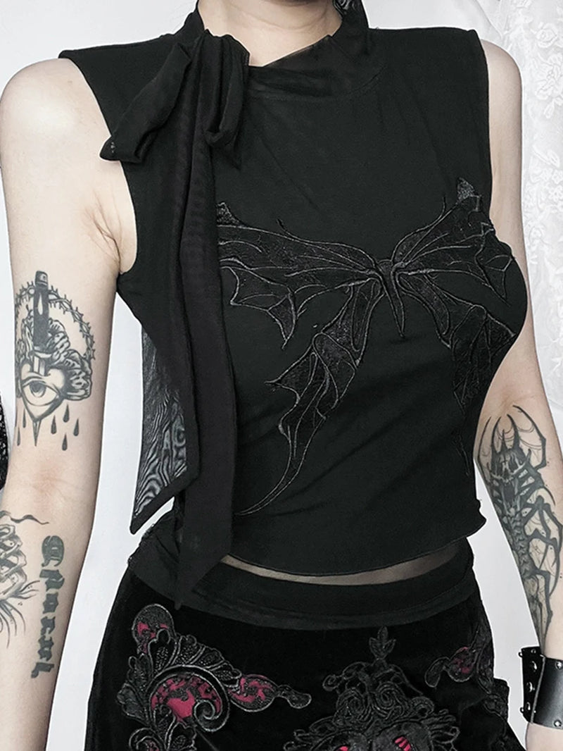 Aesthetic Y2K Butterfly Print Lace-Up Crop Tank Top