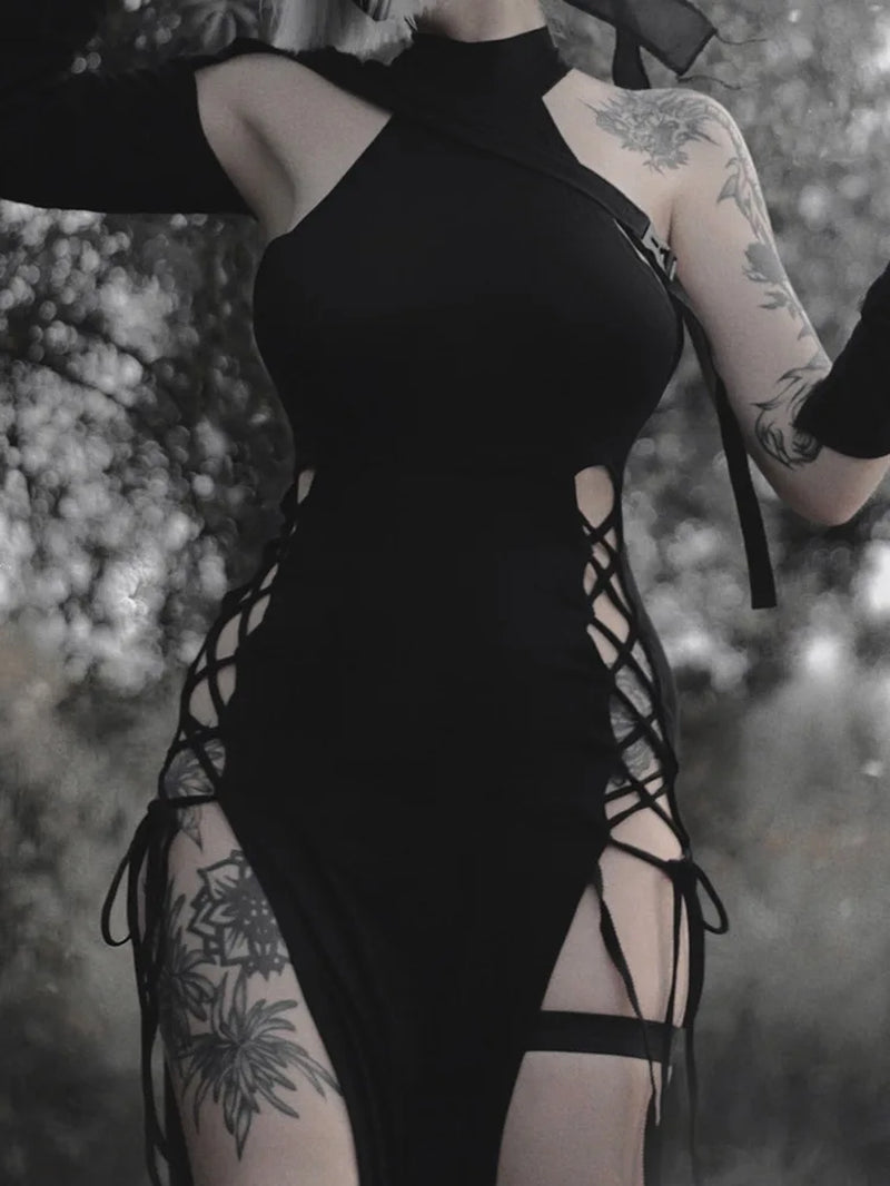 Goth Split Halter Lace-Up Long Dress