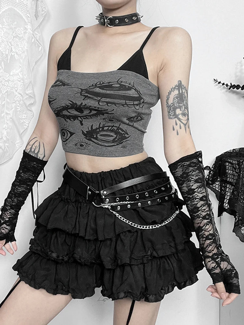 Y2K Gothic Grey Devil Eye Crop Tank Top