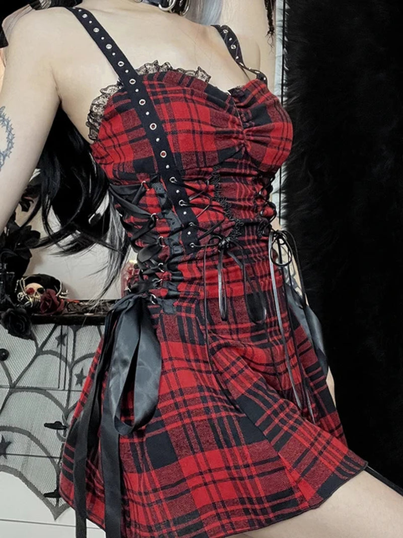 Red Plaid Lolita Corset Dress with Lace Patchwork