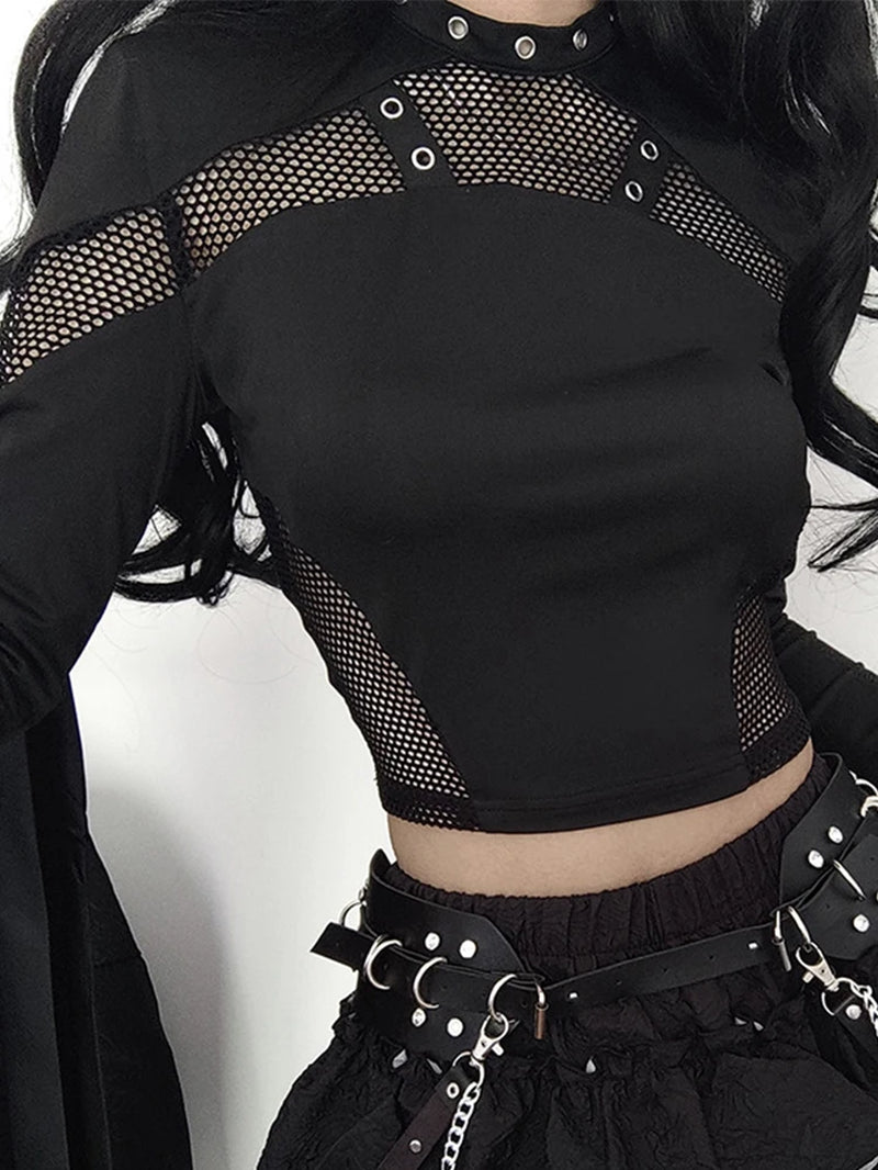 Dark Punk Cyber Mesh Patchwork O-Neck Crop Tee