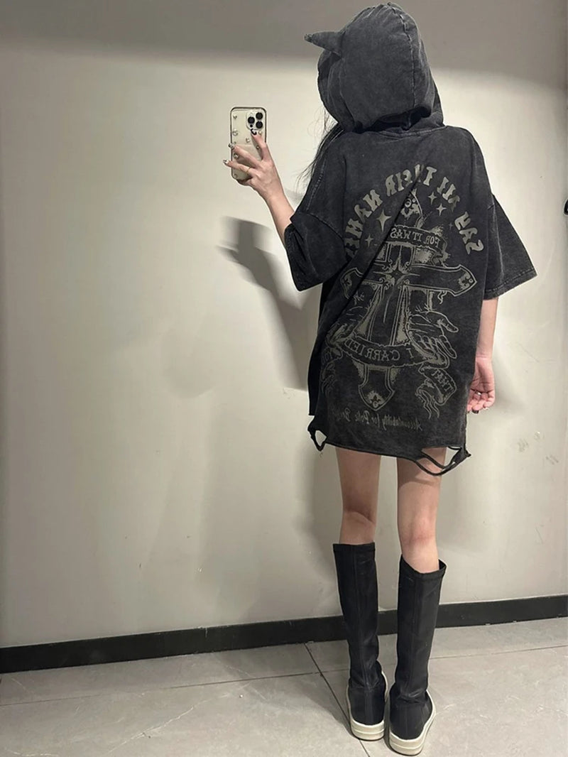 Harajuku Gothic Devil Horn Hooded Tee