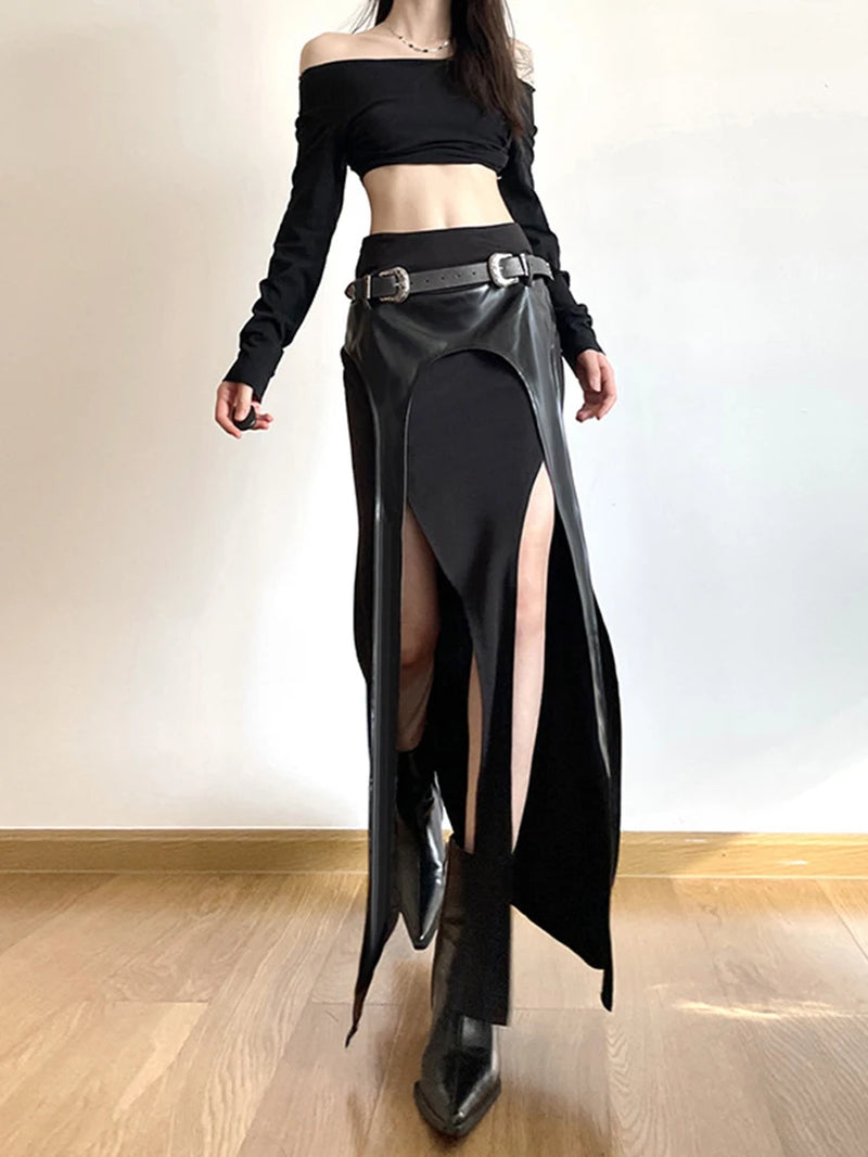 Harajuku Cyber Punk Irregular High Waist PU Leather Patchwork Skirt