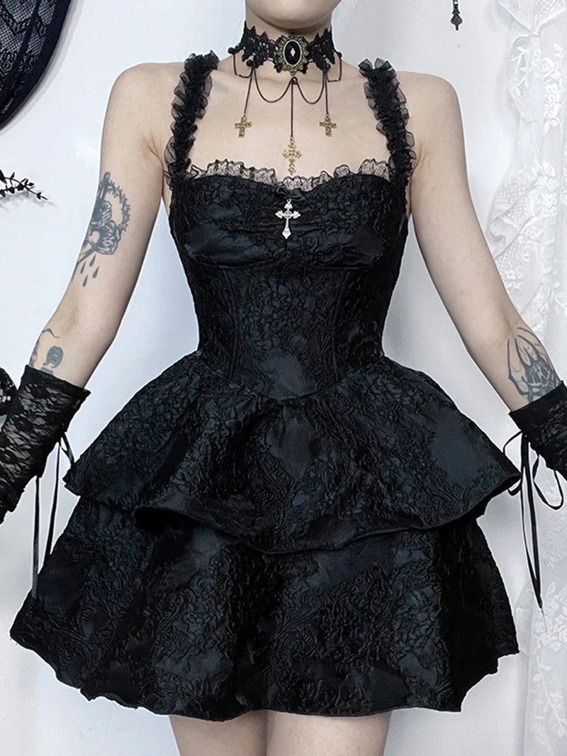 Fairy Goth Princess Lace Spaghetti Strap High Waist Corset Dress