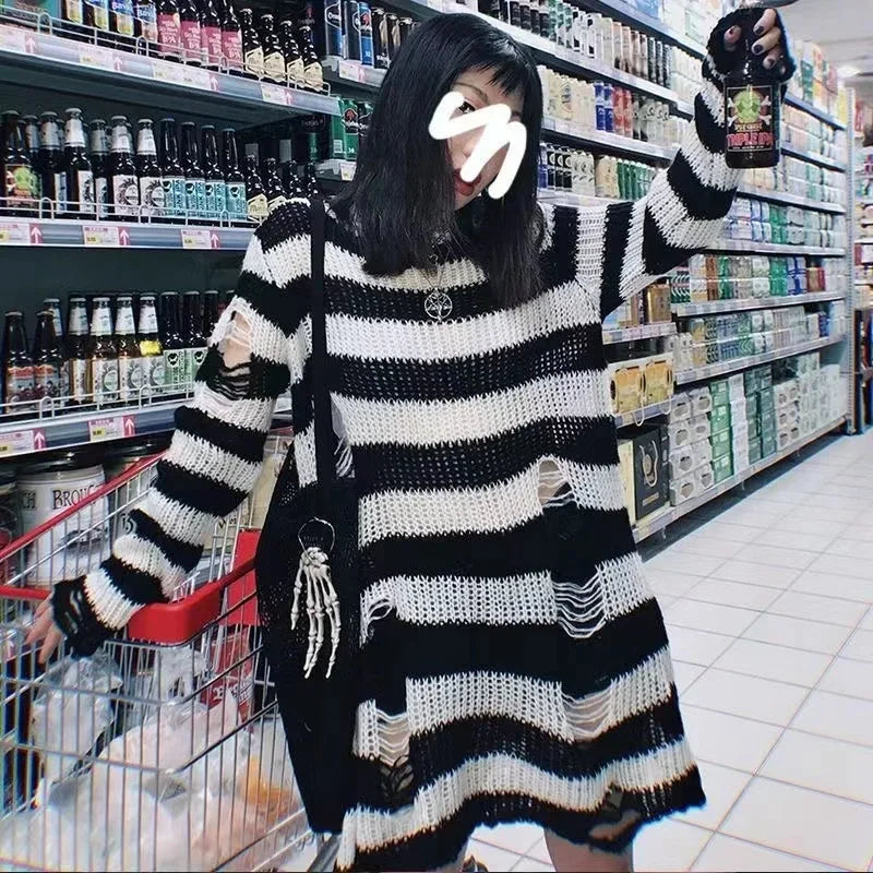 Goth Punk Striped Hollow Out Oversized Sweater