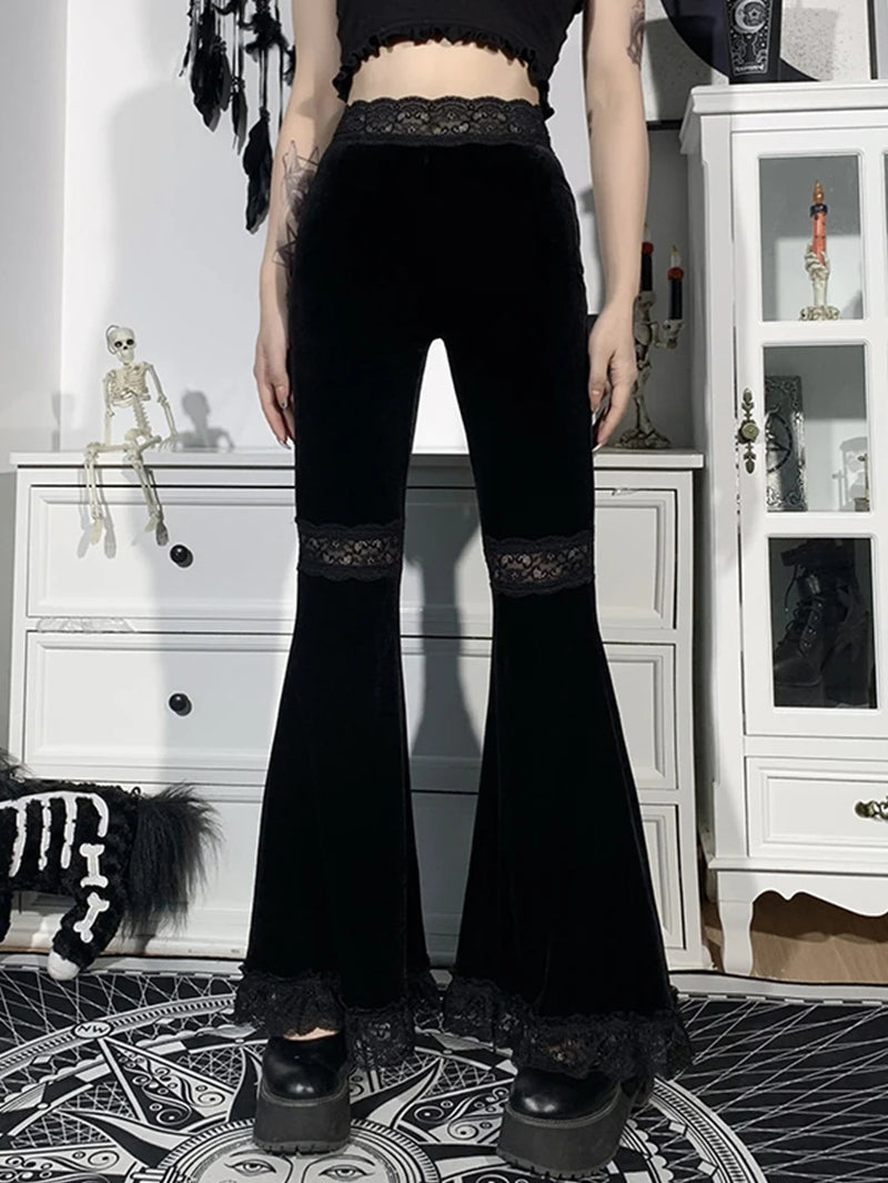 Punk Gothic Lace Patchwork Hollow Out Velvet Flare Pants