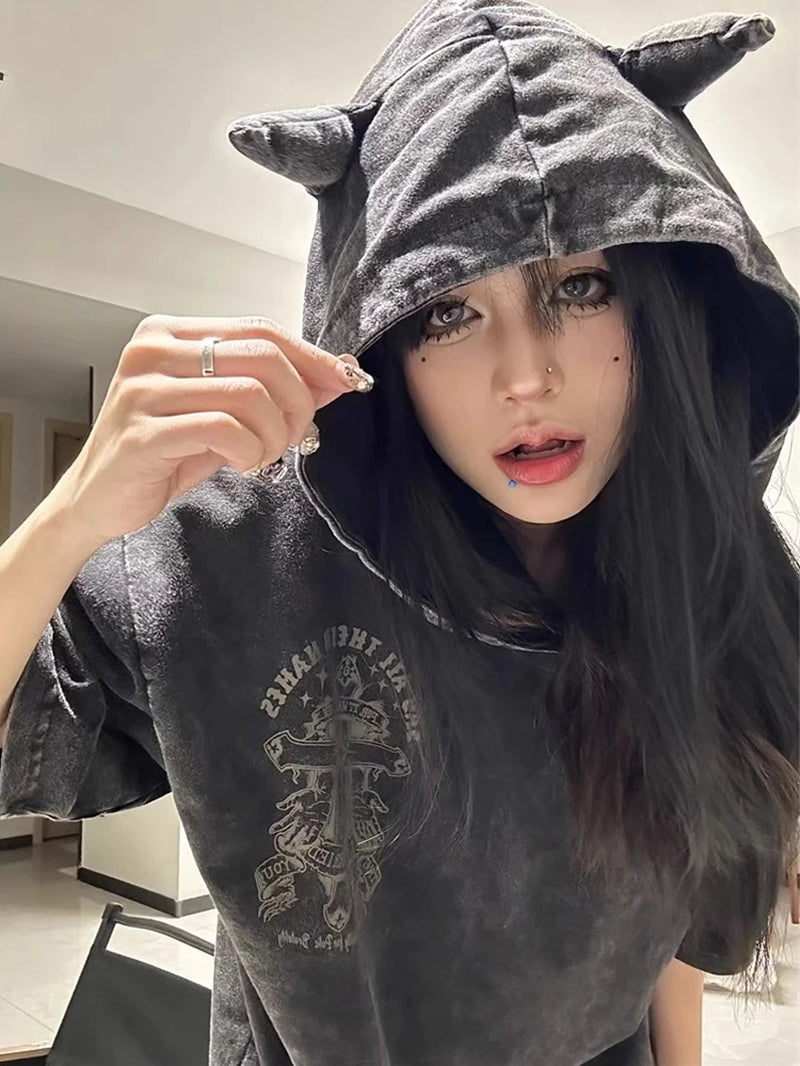 Harajuku Gothic Devil Horn Hooded Tee