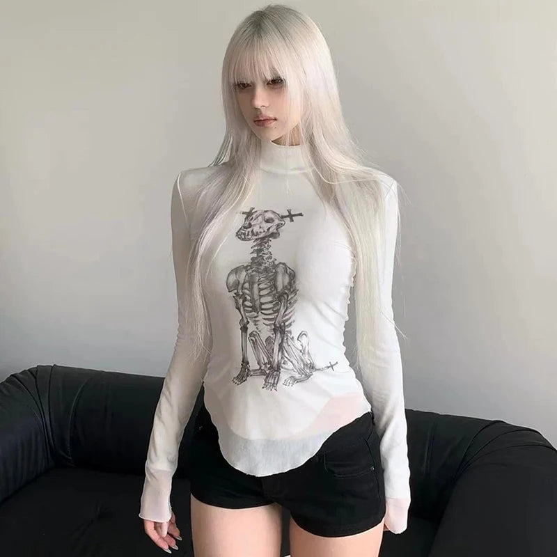 Sexy White Lace Mesh Long Sleeve T-Shirt Skull Print Crop Top